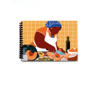 Caderno de receitas com capa com ilustração de mulher negra de avental e turbante, preparando uma refeição em uma cozinha da azulejos amarelos. Encadernado com wire-o preto. O caderno de receitas pra quem ama uma sustança.