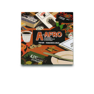 Livro ilustrado cuja capa mostra diversos objetos como cd, caps de spray, búzios, copo de café e livros. O livro pra quem ama a Bahia Negra.