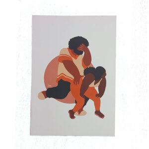 Print em tons de laranja, azul escuro, rosa e branco, de casal de homem negro e mulher negra de pé, dançando e sarrando. O print pra quem ama uma sarrada.